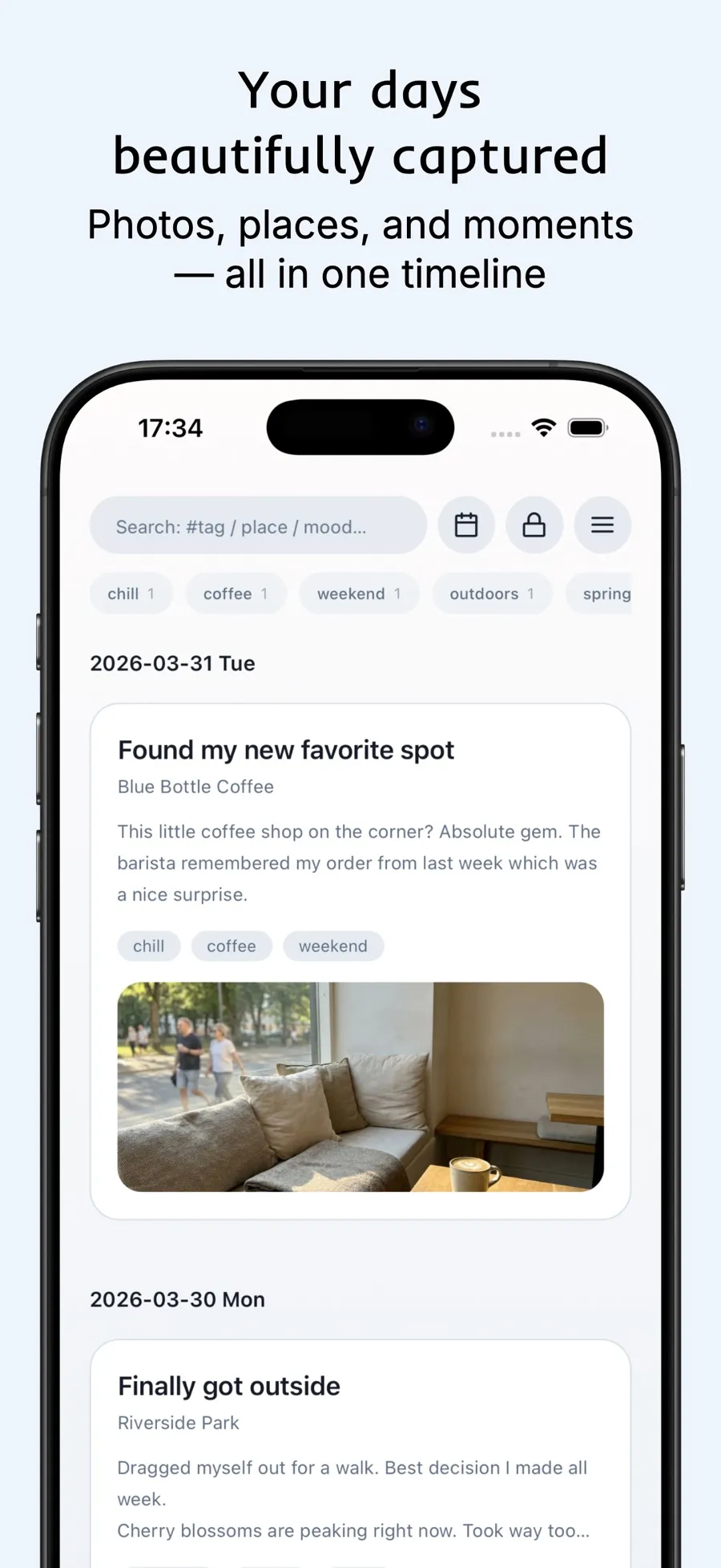 Viviary’s English App Store preview: a visual timeline with a coffee shop entry, photos, and tags.