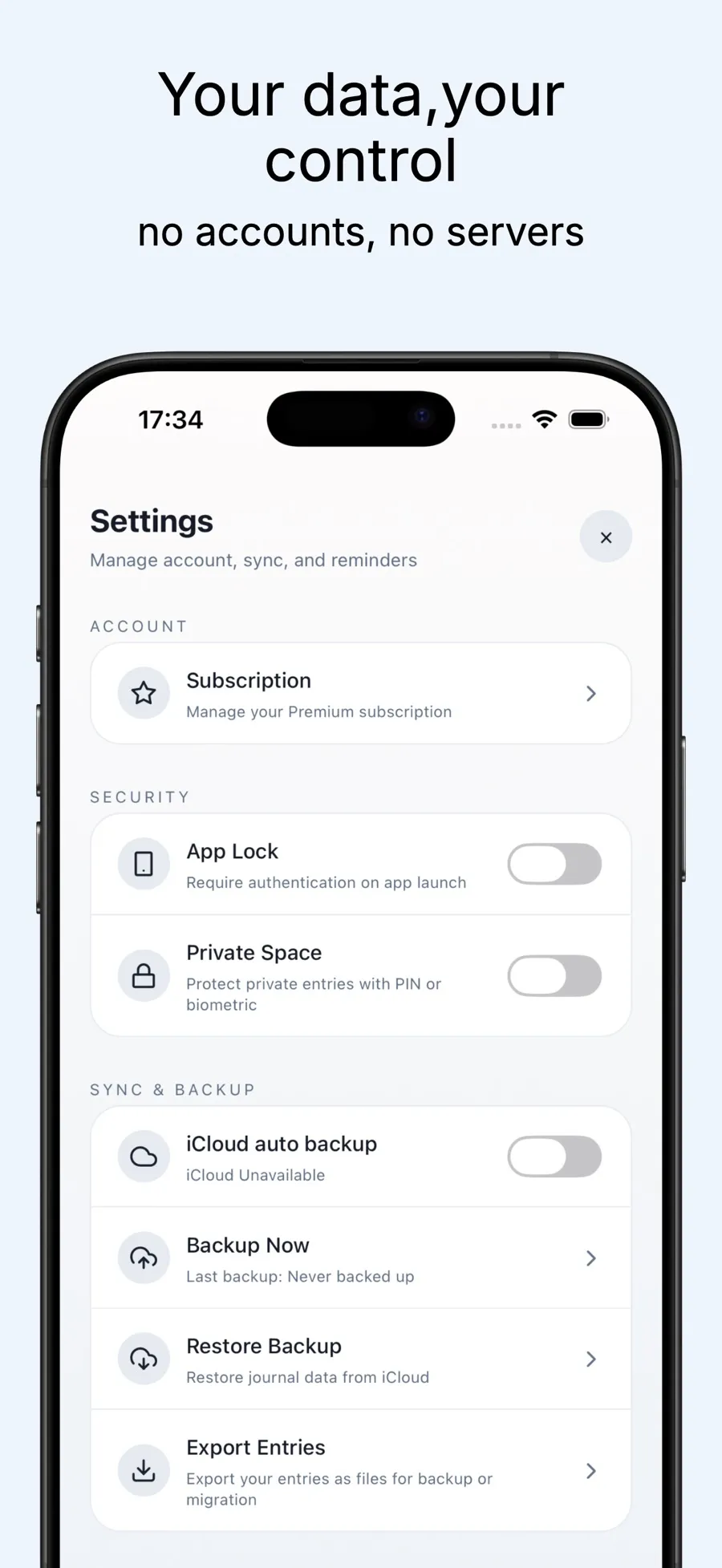 Viviary’s English App Store preview: App Lock, Private Space, backups, and exporting entries.